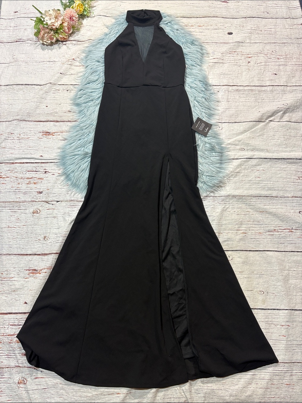 NWT Lulus Black Mesh V-neck High Neck Column Slit Front Maxi Dress